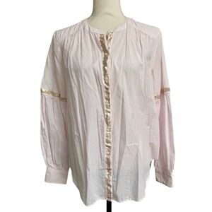 Free People Blush Pink Metallic Trim Button Down Blouse L Boho Cotton Top